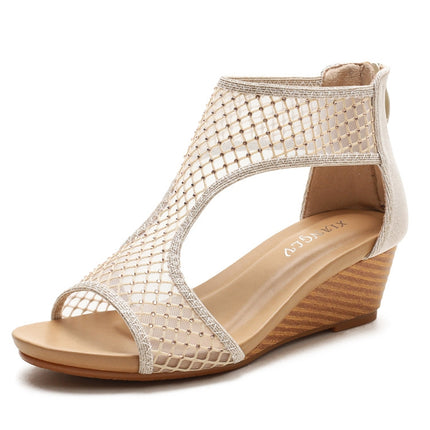 Ladies Summer Sandals All-Match Casual Mesh Thick Sole Wedge Heel Shoes, Size: 36(Golden)-garmade.com