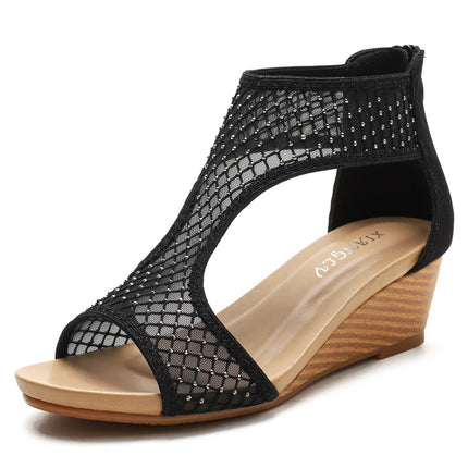 Ladies Summer Sandals All-Match Casual Mesh Thick Sole Wedge Heel Shoes, Size: 37(Black)-garmade.com