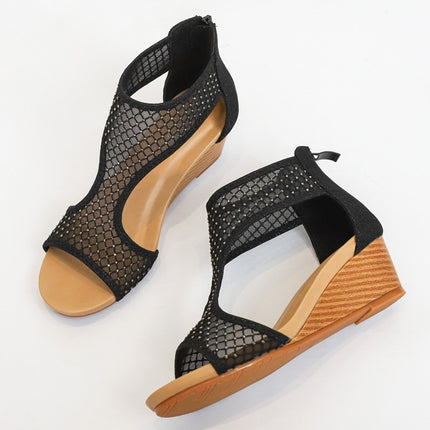 Ladies Summer Sandals All-Match Casual Mesh Thick Sole Wedge Heel Shoes, Size: 37(Black)-garmade.com