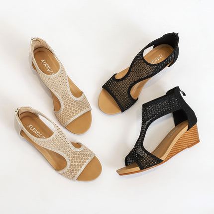 Ladies Summer Sandals All-Match Casual Mesh Thick Sole Wedge Heel Shoes, Size: 38(Black)-garmade.com