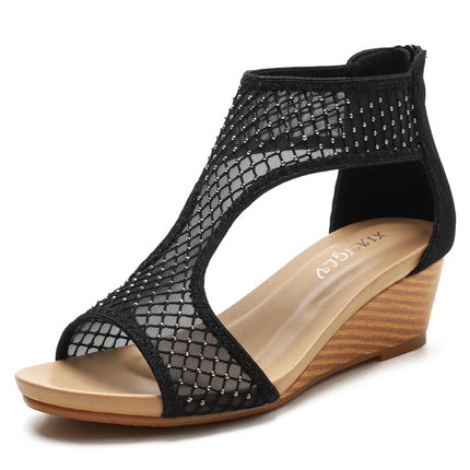 Ladies Summer Sandals All-Match Casual Mesh Thick Sole Wedge Heel Shoes, Size: 39(Black)-garmade.com
