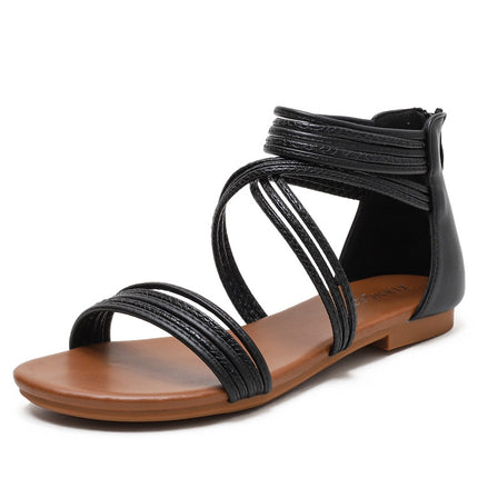 Women Summer Sandals Roman Style Flat Shoes Seaside Beach Shoes, Size: 37(Black)-garmade.com