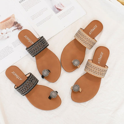 Women Summer Sandals Bohemian Style Buckle Seaside Flats Shoes, Size: 36(Black)-garmade.com