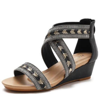 Ladies Summer Slope Heel Sandals Non-Slip Open-Toed Roman Style Shoes, Size: 37(Black)-garmade.com