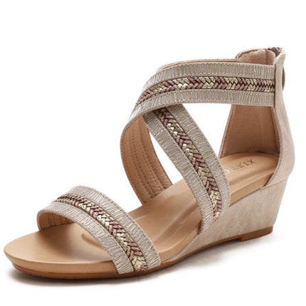 Ladies Summer Slope Heel Sandals Non-Slip Open-Toed Roman Style Shoes, Size: 37(Apricot)-garmade.com