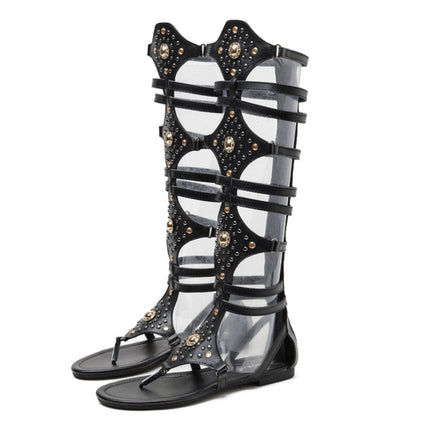 Ladies Summer High Tube Rivet Flip Flops Casual Roman Style Sandals, Size: 39(Black 333-88)-garmade.com