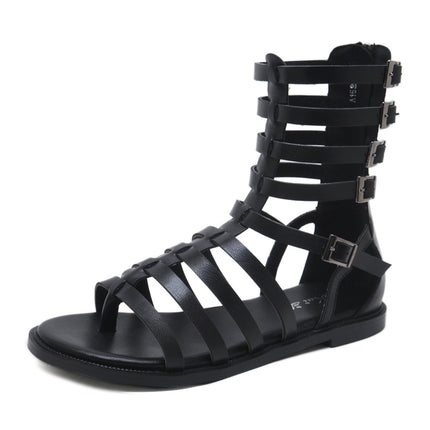 Ladies Open Toe Back Zip High-Top Sandals Flat Roman Style Sandals, Size: 36(Black)-garmade.com