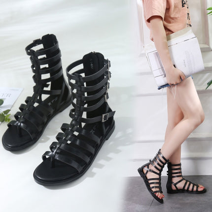 Ladies Open Toe Back Zip High-Top Sandals Flat Roman Style Sandals, Size: 39(Black)-garmade.com