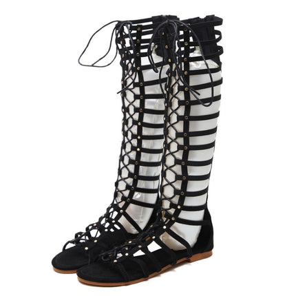 Women Roman Style Sandals Flat Hollow Strap High-Top Sandals, Size: 38(Black)-garmade.com