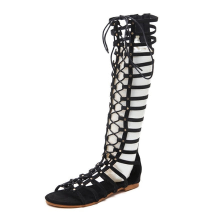 Women Roman Style Sandals Flat Hollow Strap High-Top Sandals, Size: 38(Black)-garmade.com