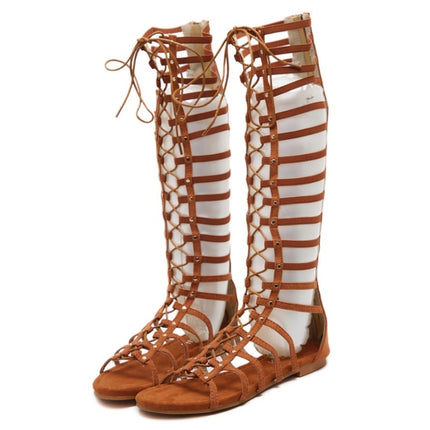 Women Roman Style Sandals Flat Hollow Strap High-Top Sandals, Size: 38(Brown)-garmade.com