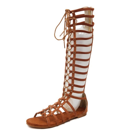 Women Roman Style Sandals Flat Hollow Strap High-Top Sandals, Size: 38(Brown)-garmade.com
