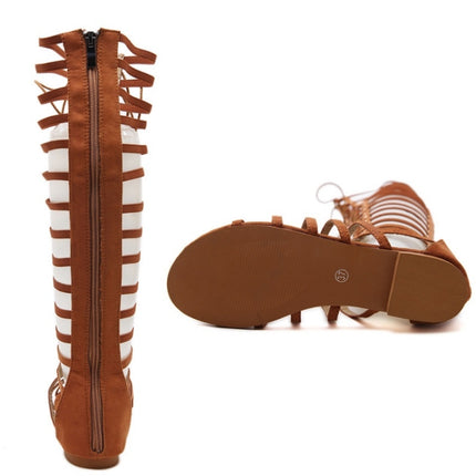 Women Roman Style Sandals Flat Hollow Strap High-Top Sandals, Size: 38(Brown)-garmade.com