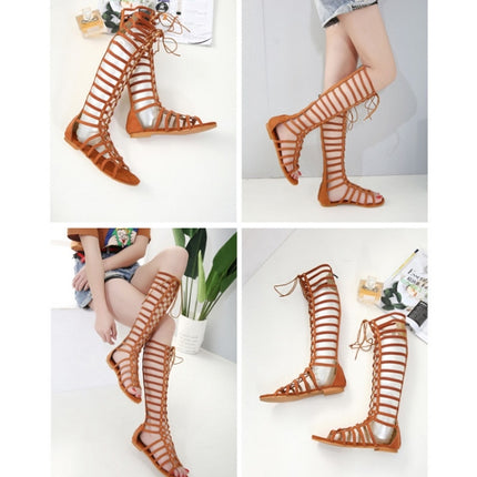 Women Roman Style Sandals Flat Hollow Strap High-Top Sandals, Size: 38(Brown)-garmade.com