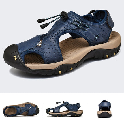 Summer Large Size Men Beach Shoes Leather Breathable Wading Casual Sandals, Size: 39(Blue)-garmade.com