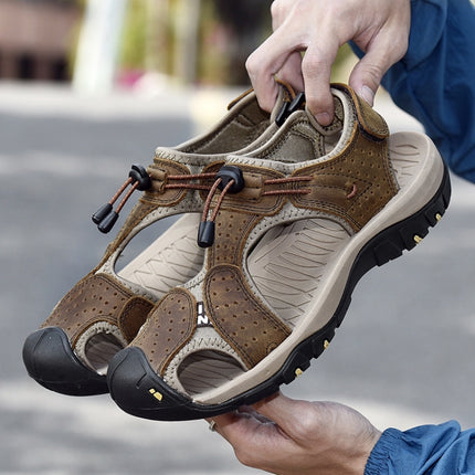 Summer Large Size Men Beach Shoes Leather Breathable Wading Casual Sandals, Size: 39(Dark Brown)-garmade.com