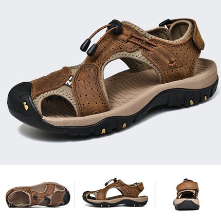 Summer Large Size Men Beach Shoes Leather Breathable Wading Casual Sandals, Size: 40(Dark Brown)-garmade.com