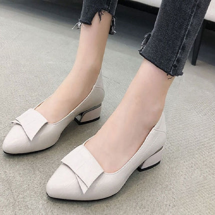 Spring And Summer Cowhide Shoes With Thick Heel Mid-Heel For Women, Size: 34(Beige)-garmade.com