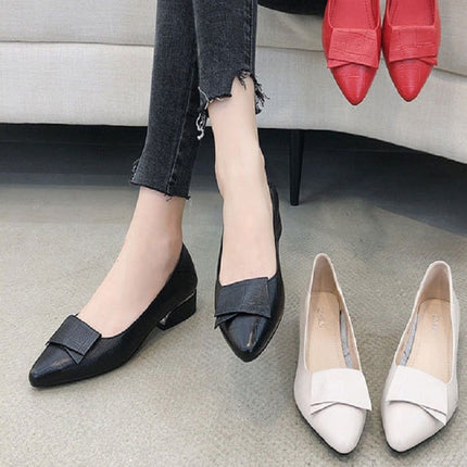 Spring And Summer Cowhide Shoes With Thick Heel Mid-Heel For Women, Size: 34(Black)-garmade.com