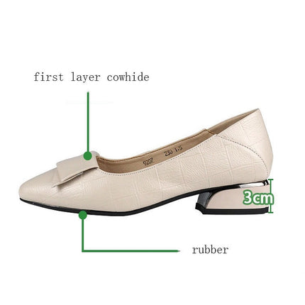Spring And Summer Cowhide Shoes With Thick Heel Mid-Heel For Women, Size: 34(Black)-garmade.com