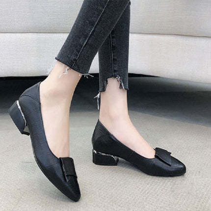 Spring And Summer Cowhide Shoes With Thick Heel Mid-Heel For Women, Size: 35(Black)-garmade.com