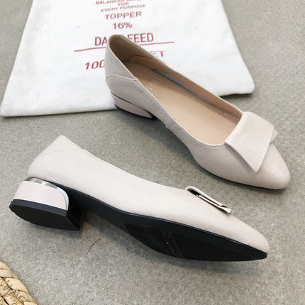 Spring And Summer Cowhide Shoes With Thick Heel Mid-Heel For Women, Size: 35(Beige)-garmade.com