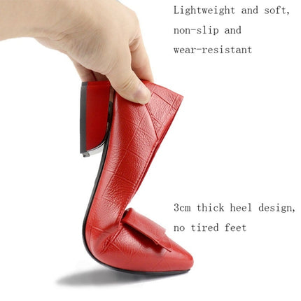 Spring And Summer Cowhide Shoes With Thick Heel Mid-Heel For Women, Size: 35(Red)-garmade.com