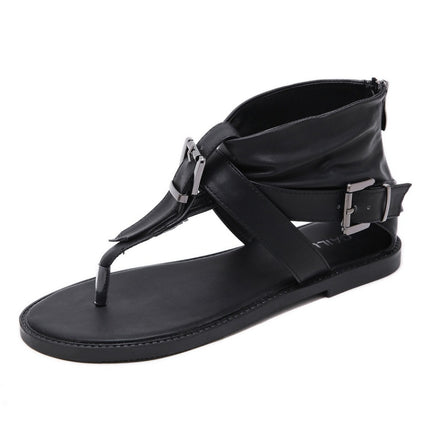 Ladies Belt Buckle Flip Flops Casual Flat Sandals, Size: 35(Black)-garmade.com