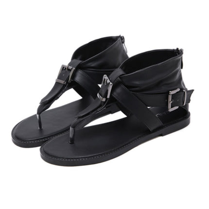 Ladies Belt Buckle Flip Flops Casual Flat Sandals, Size: 35(Black)-garmade.com