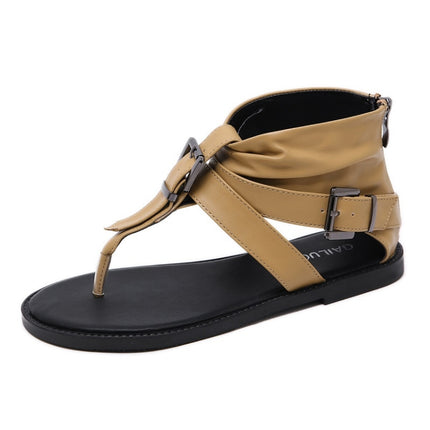 Ladies Belt Buckle Flip Flops Casual Flat Sandals, Size: 35(Light Brown)-garmade.com