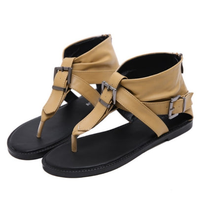 Ladies Belt Buckle Flip Flops Casual Flat Sandals, Size: 35(Light Brown)-garmade.com