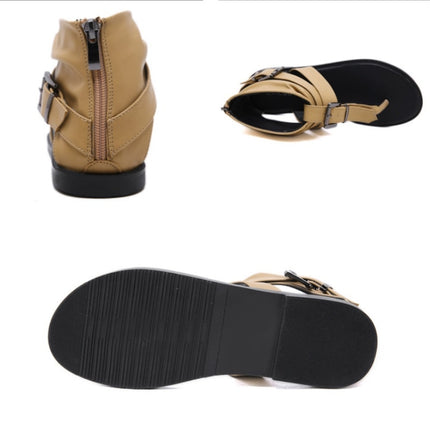 Ladies Belt Buckle Flip Flops Casual Flat Sandals, Size: 35(Light Brown)-garmade.com