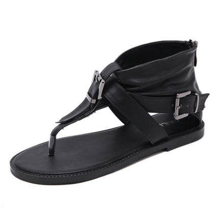 Ladies Belt Buckle Flip Flops Casual Flat Sandals, Size: 36(Black)-garmade.com