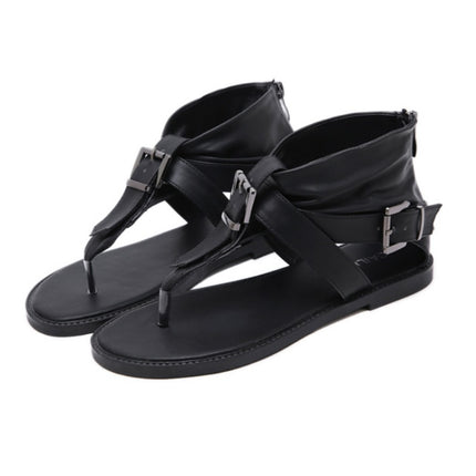Ladies Belt Buckle Flip Flops Casual Flat Sandals, Size: 37(Black)-garmade.com