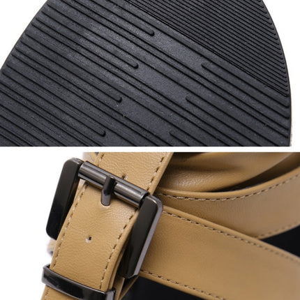 Ladies Belt Buckle Flip Flops Casual Flat Sandals, Size: 37(Light Brown)-garmade.com