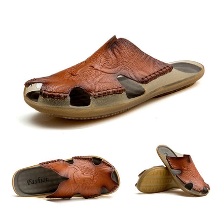 Summer Men Leather Slippers Casual Large Size Flat Beach Shoes, Size: 43(Red Brown)-garmade.com