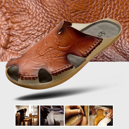 Summer Men Leather Slippers Casual Large Size Flat Beach Shoes, Size: 43(Red Brown)-garmade.com