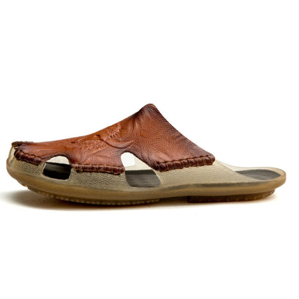 Summer Men Leather Slippers Casual Large Size Flat Beach Shoes, Size: 47(Red Brown)-garmade.com