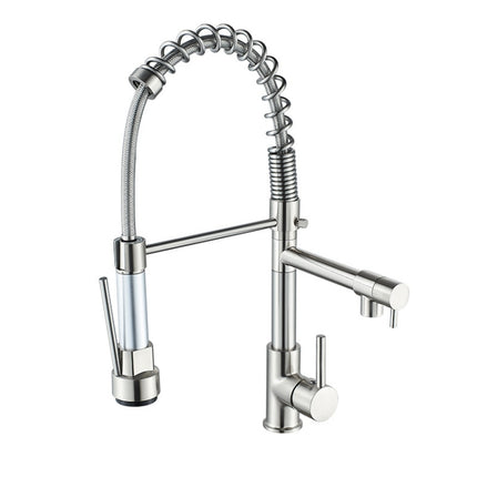 Copper And Nickel Brushed Double Outlet Spring Faucet Rotatable Kitchen Hot And Cold Water Faucet, Specification: Brushed-garmade.com