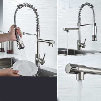 Copper And Nickel Brushed Double Outlet Spring Faucet Rotatable Kitchen Hot And Cold Water Faucet, Specification: Brushed-garmade.com