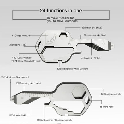 24 In 1 Key Shape Outdoor Emergency Tool Stainless Steel Pendant Portable Multi-Function Outdoor Camping Tool(OPP Bag Black )-garmade.com