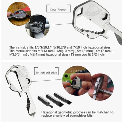 24 In 1 Key Shape Outdoor Emergency Tool Stainless Steel Pendant Portable Multi-Function Outdoor Camping Tool(OPP Bag Silver )-garmade.com