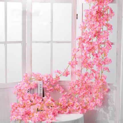 2 PCS Simulation Sakura Rattan Plastic Decorative Flower Vine, Colour: 135 Flowers Deep Pink-garmade.com