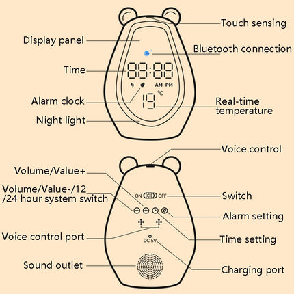 Bear Alarm Clock LED Digital Silent Bedside Lamp Bluetooth Speaker USB Charging Children Cartoon Night Light(Bluetooth Version)-garmade.com