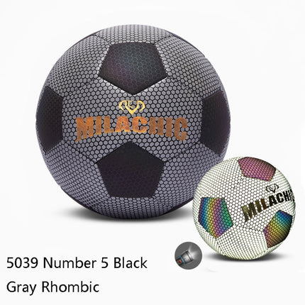 MILACHIC PU Leather Machine Stitch Luminous Fluorescent Reflective Football, Specification: Number 5 (Black Gray Rhombic 5039)-garmade.com