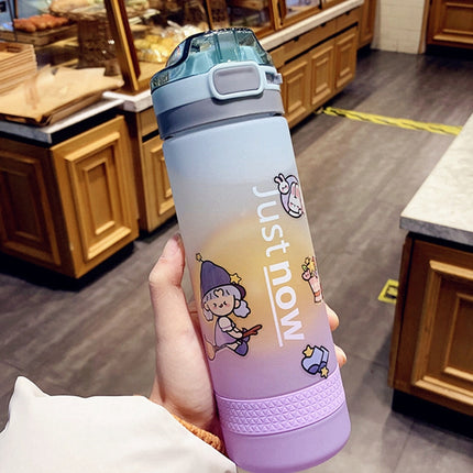 Cartoon Girl Straw Cup Fresh Frosted Gradient Scale Plastic Cup Portable Cup, Capacity: 600ml(Lake Blue)-garmade.com
