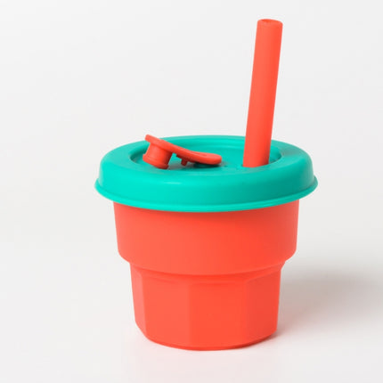 Children Silicone Straw Cups Drop And High Temperature Resistant Water Cups Red Cup + Green Cover(300ml)-garmade.com