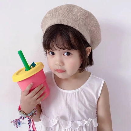 Children Silicone Straw Cups Drop And High Temperature Resistant Water Cups Red Cup + Green Cover(300ml)-garmade.com