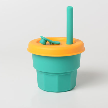 Children Silicone Straw Cups Drop And High Temperature Resistant Water Cups Green Cup + Yellow Cover(300ml)-garmade.com