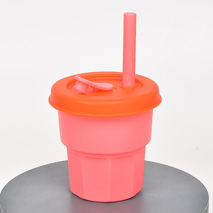 Children Silicone Straw Cups Drop And High Temperature Resistant Water Cups Cherry Blossom Pink Cup + Orange Cover(400ml)-garmade.com